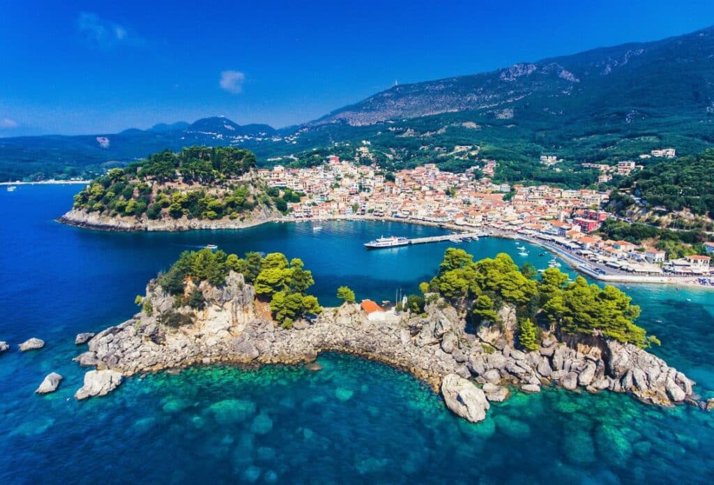 Parga and Panagia Island Greece aerial view. Important tourist destination on the east coast of Greece.