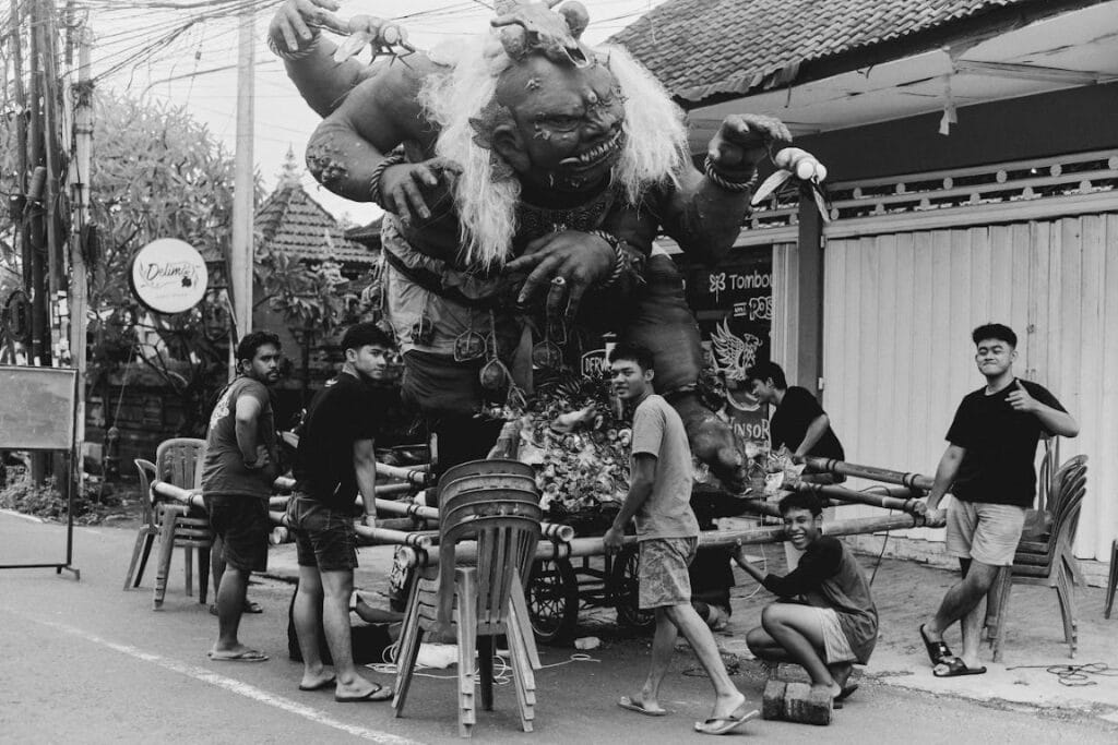 men preparing for ogoh ogoh festival indonesia