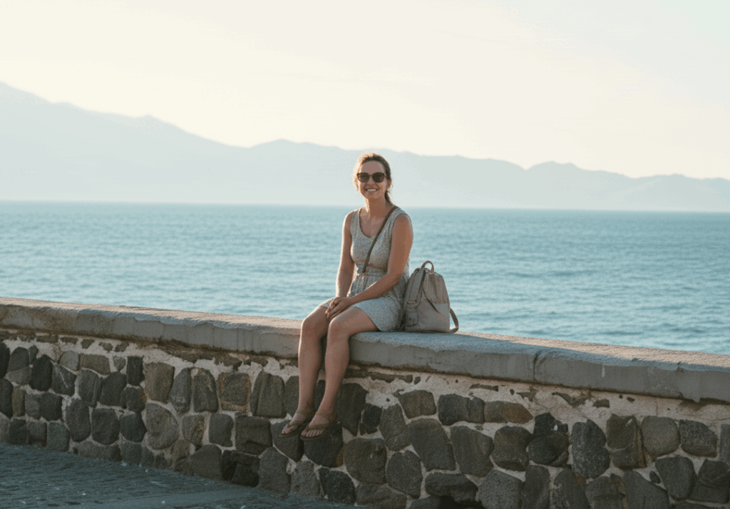tourist in crete sitting on a wall