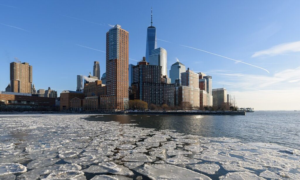 new york city with frozen body of water
